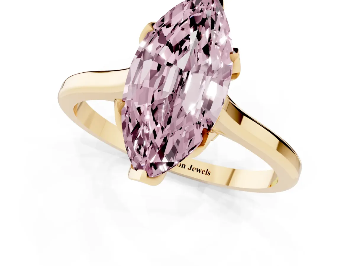 Fancy Pink Marquise Cut Diamond Solitaire Ring with Flower Prong Setting and Classic Band Yellow gold