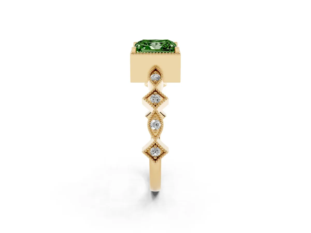 Fancy Green Princess Cut Milgrain Marquise Diamond Twist Band Ring Yellow gold