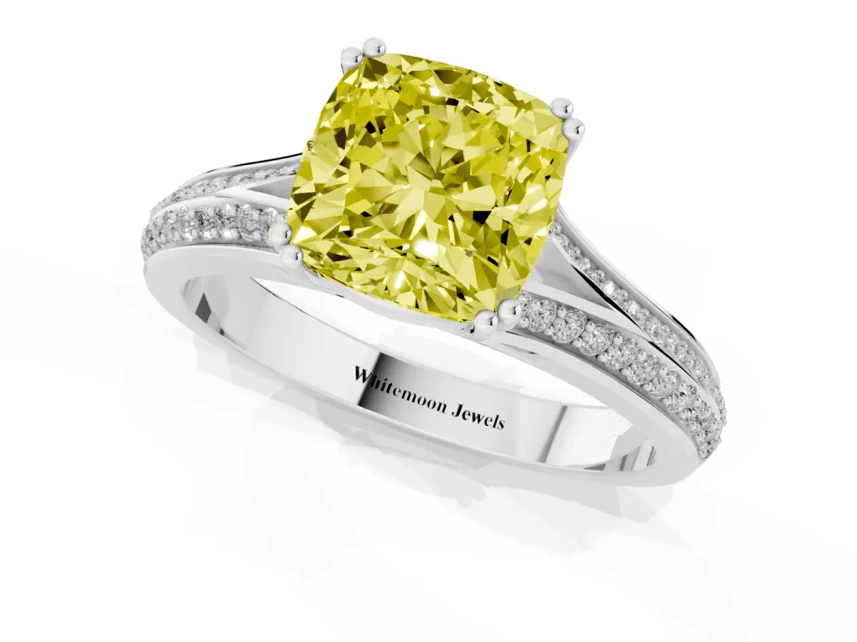 Fancy Yellow Cushion Cut Diamond Split Shank Engagement Ring with Pavé Band Silver