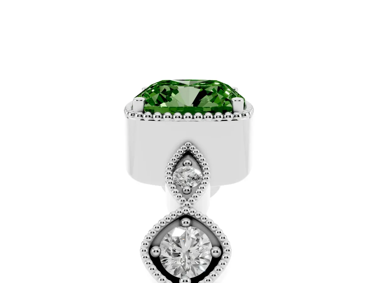 Fancy Green Cushion Cut Diamond Vintage Milgrain Ring with Round Stations Silver