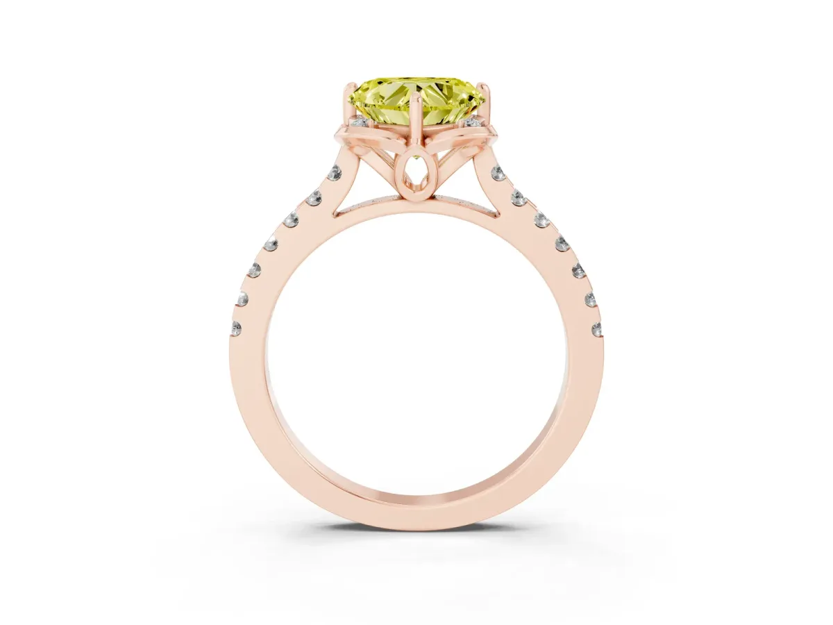 Fancy Yellow Heart Cut Diamond Ring with Pavé Band and Floral Prong Setting Rose gold