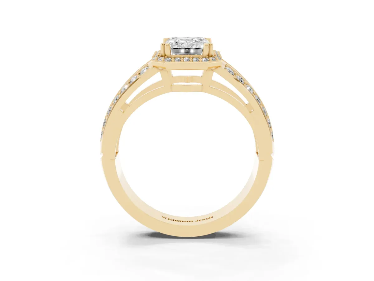 Emerald Cut Diamond Halo Ring with Split Shank Pavé Band and Four-Prong Setting Yellow gold