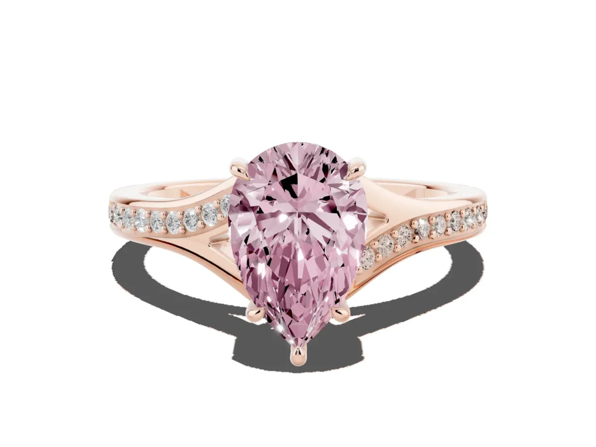 Fancy Pink Pear Cut Diamond Solitaire Ring with Pavé Band and Prong Setting Rose gold