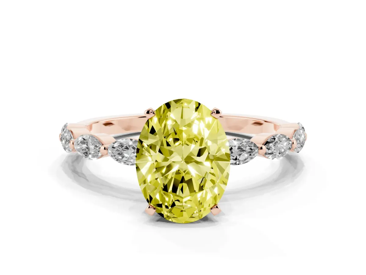 Fancy Yellow Oval Cut Diamond Ring with Marquise Side Stones and Prong Setting Rose gold