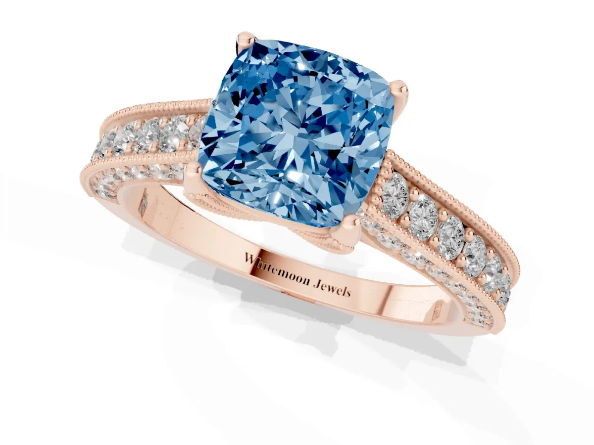 Fancy Blue Cushion Cut Cut Diamond Solitaire Ring with Milgrain Pave Band and Four Prong Setting Rose gold