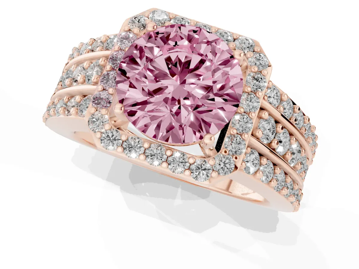 Fancy Pink Round Cut Halo Diamond Ring with Round Split Shank and Prong Setting Rose gold
