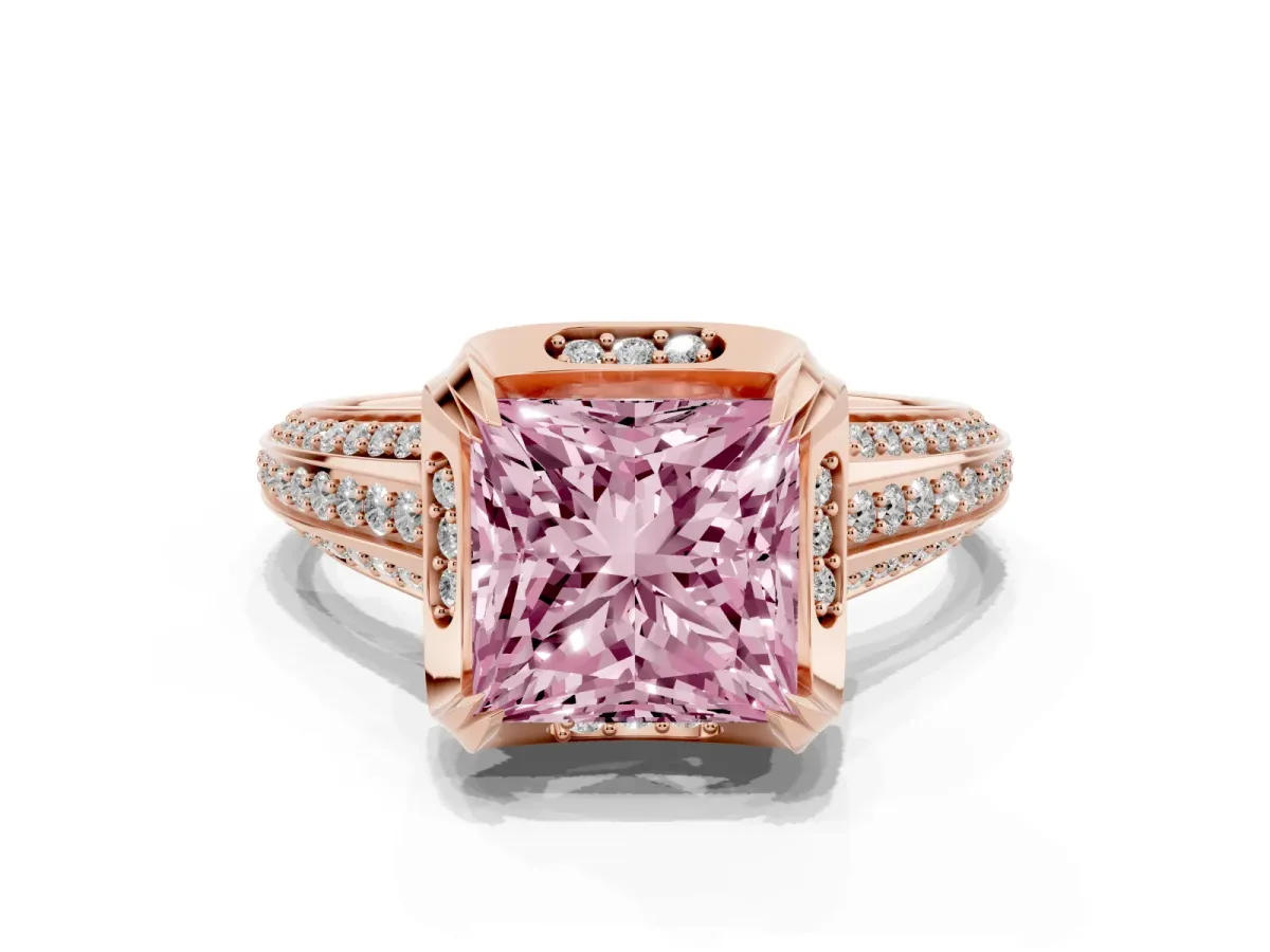 Fancy Pink Princess Cut Solitaire Pave Split Shank Ring with Four-Prong Setting Rose gold