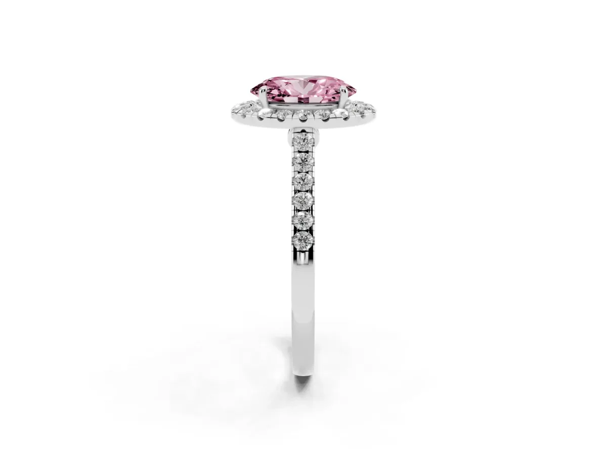 Fancy Pink Oval Cut Halo Pave Diamond Engagement Ring with Four-Prong Setting Silver