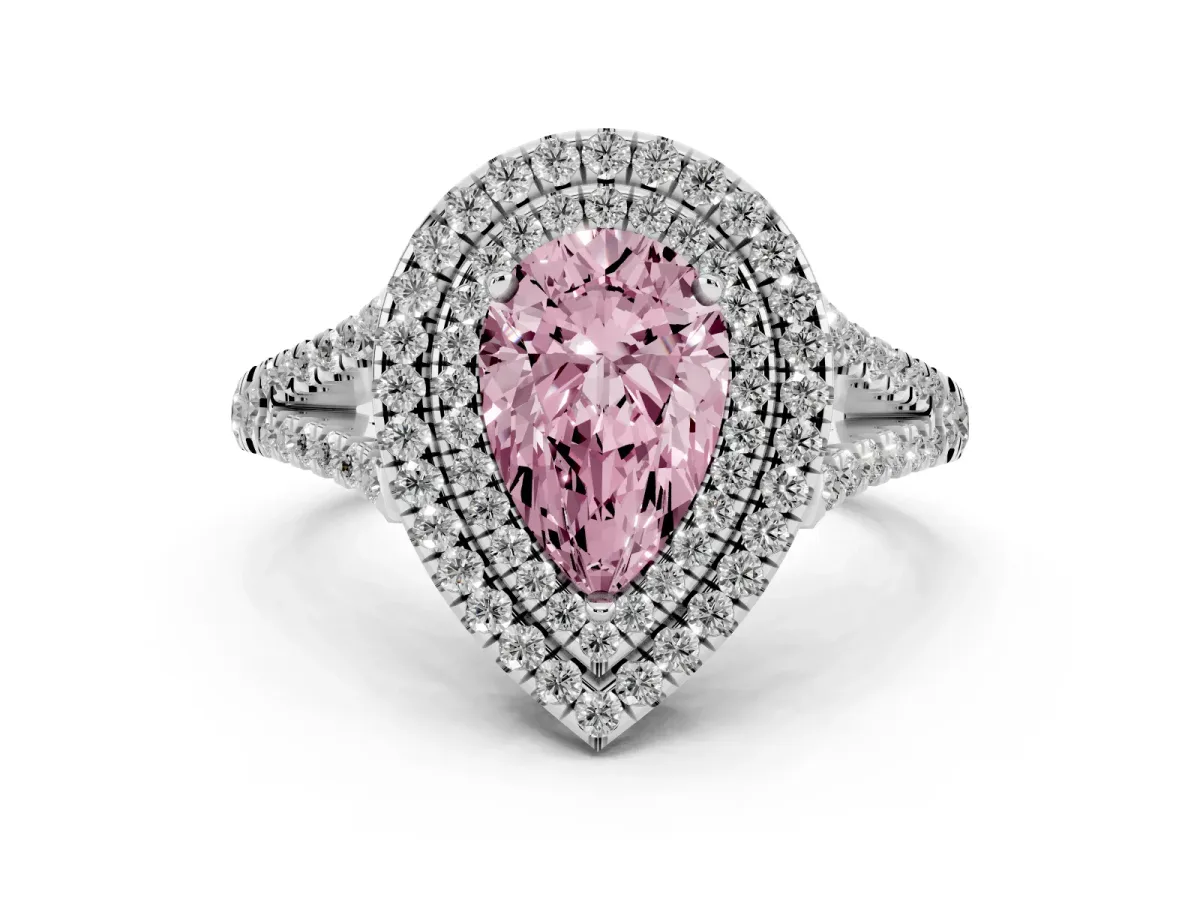 Fancy Pink Pear Cut Diamond Double Halo Ring with Pavé Band and Prong Setting Platinum