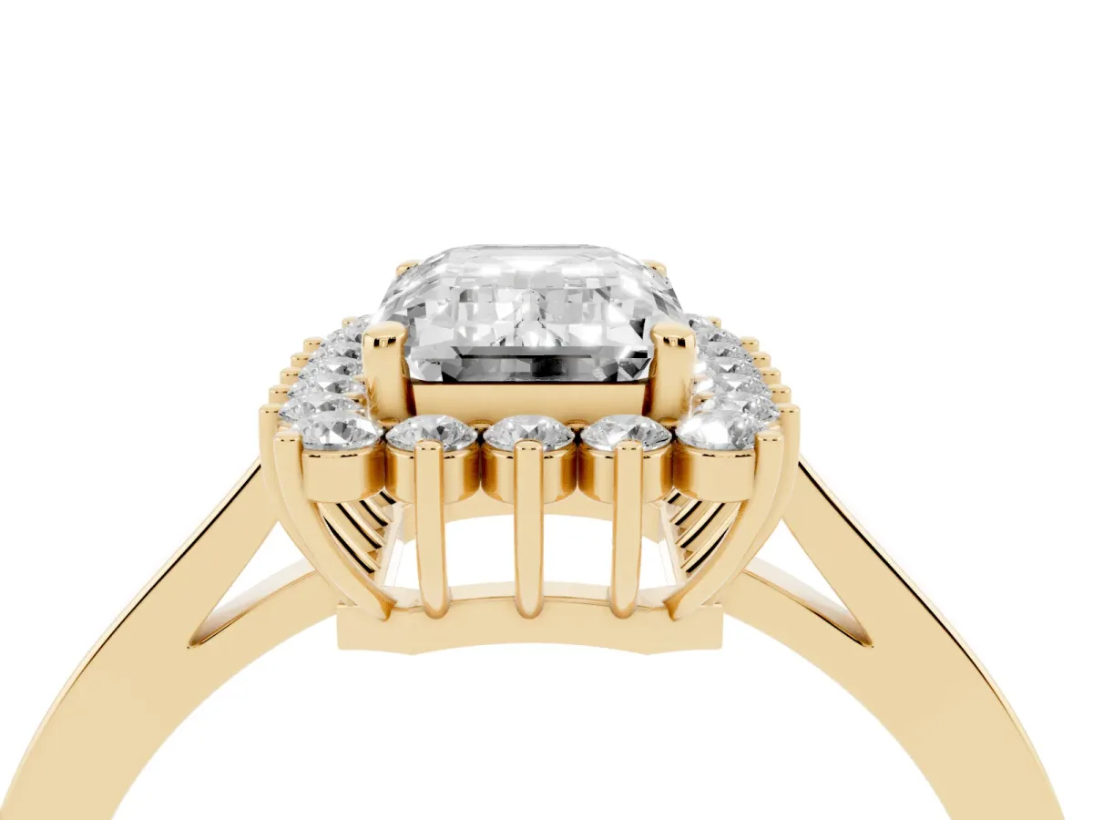Emerald Cut Cut Diamond Halo Ring with Round Brilliant Halo and Solitaire Band Yellow gold