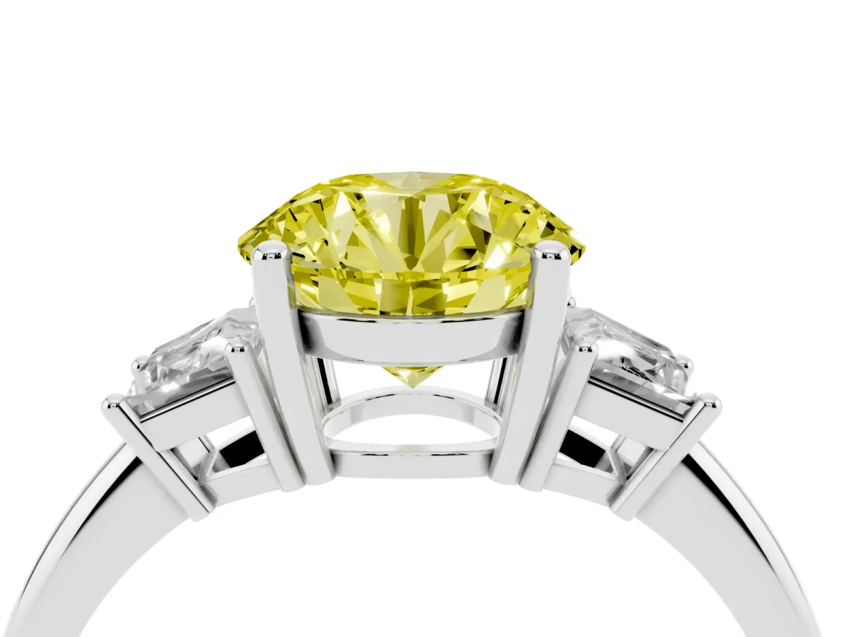 Fancy Yellow Round Cut Diamond Three-Stone Ring with Trapezoid Side Stones and Prong Setting Platinum