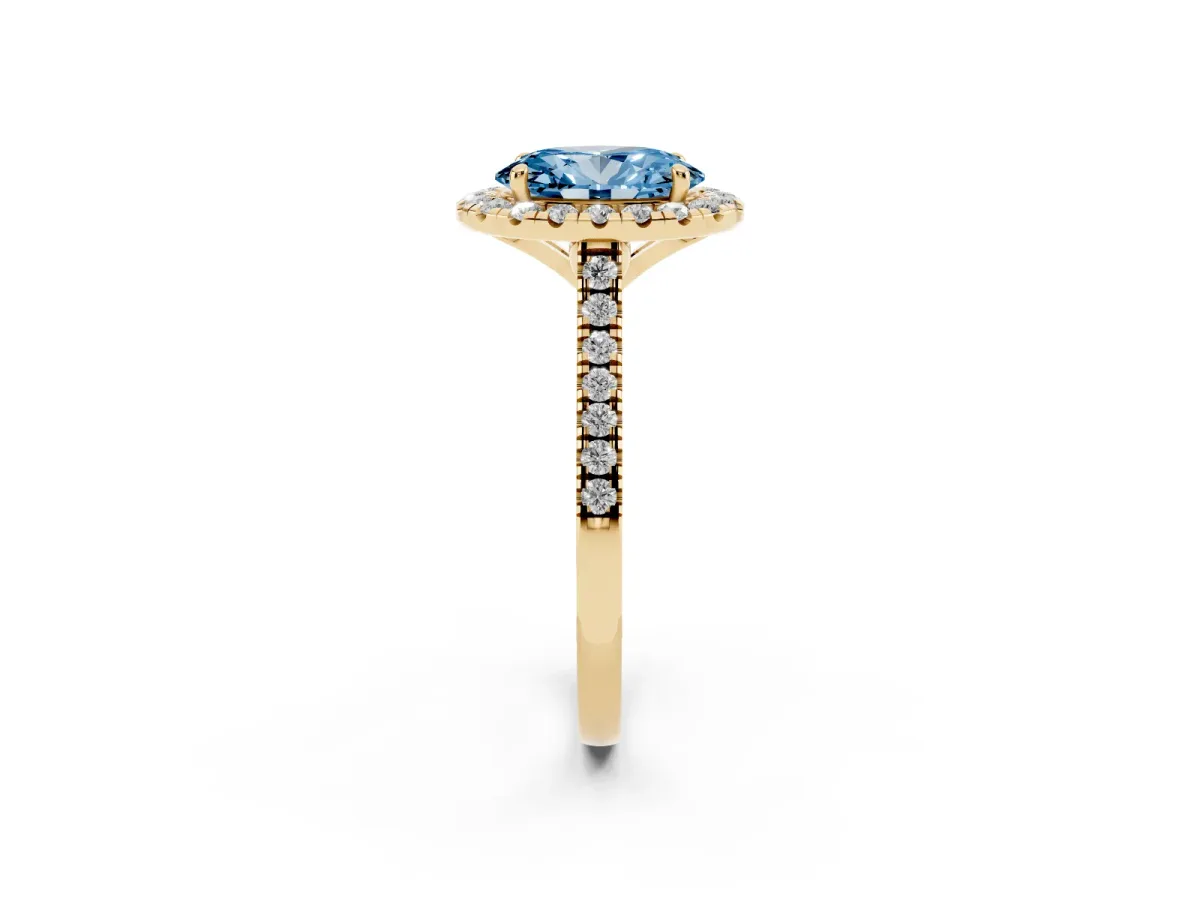Fancy Blue Oval Cut Diamond Cushion Halo Ring with Pavé Band Yellow gold