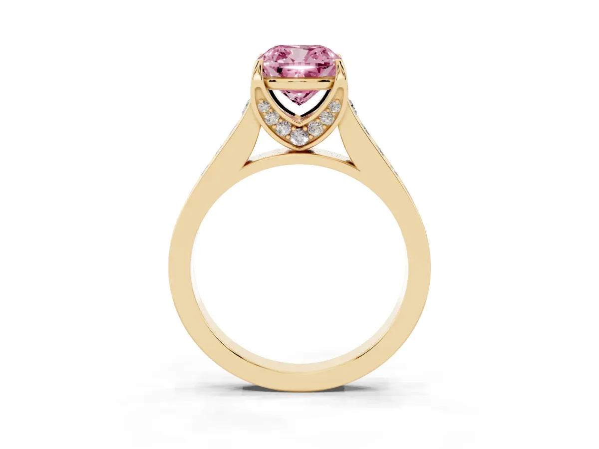 Fancy Pink Cushion Cut Brilliant Cut Diamond Engagement Ring with Pavé Band and Four-Prong Setting Yellow gold