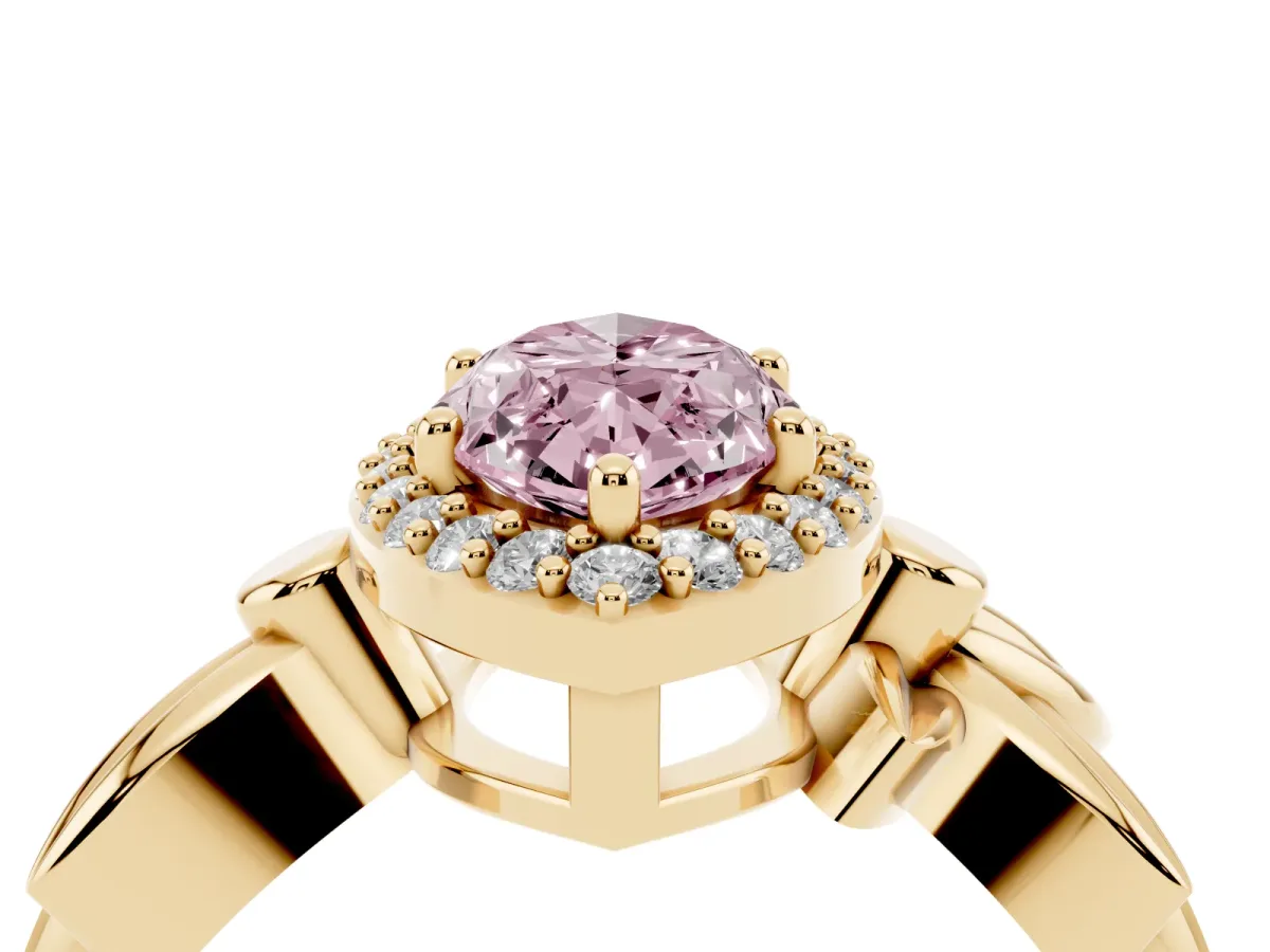 Fancy Pink Marquise Cut Halo Diamond Floral Band with Four-Prong Setting Yellow gold