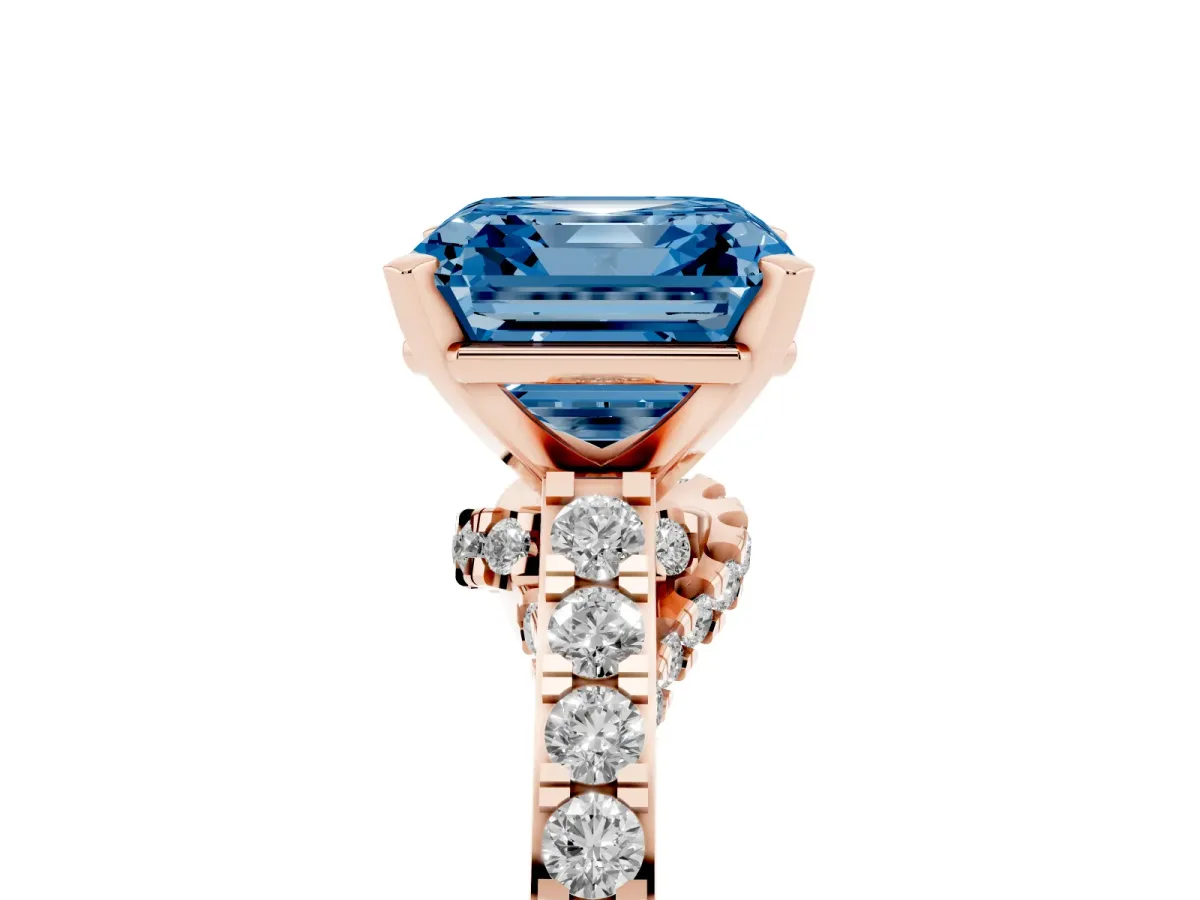 Fancy Blue Asscher Cut Diamond Solitaire Ring with Crossover Gallery and Round Pavé Band Rose gold