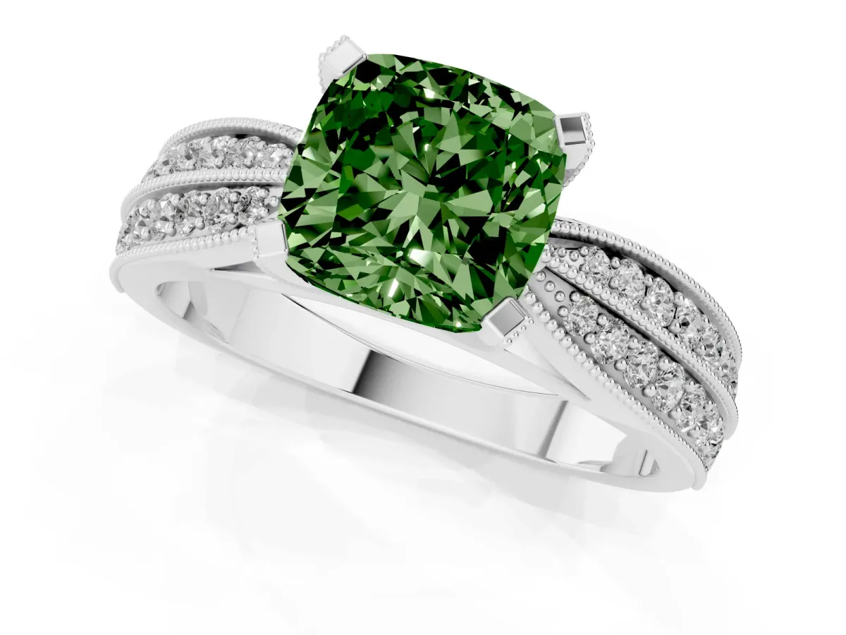 Fancy Green Cushion Cut Diamond Solitaire Ring with Milgrain Round Pavé Band and Prong Setting Silver