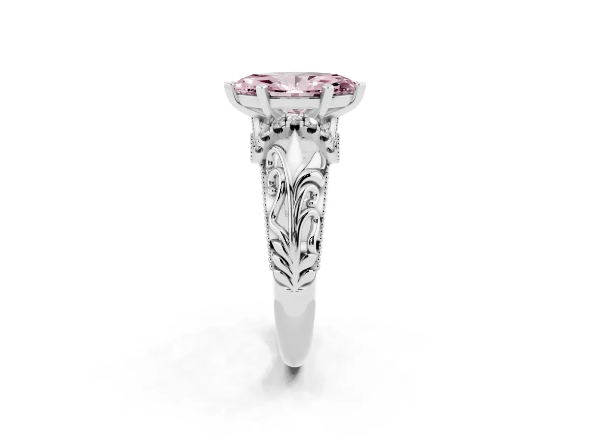 Fancy Pink Marquise Cut Solitaire Filigree Engagement Ring with Halo and Prong Setting Silver