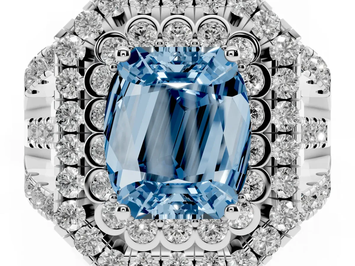 Fancy Blue Emerald Cut Diamond Double Halo Ring with Round Pavé Split Shank and Prong Setting Silver