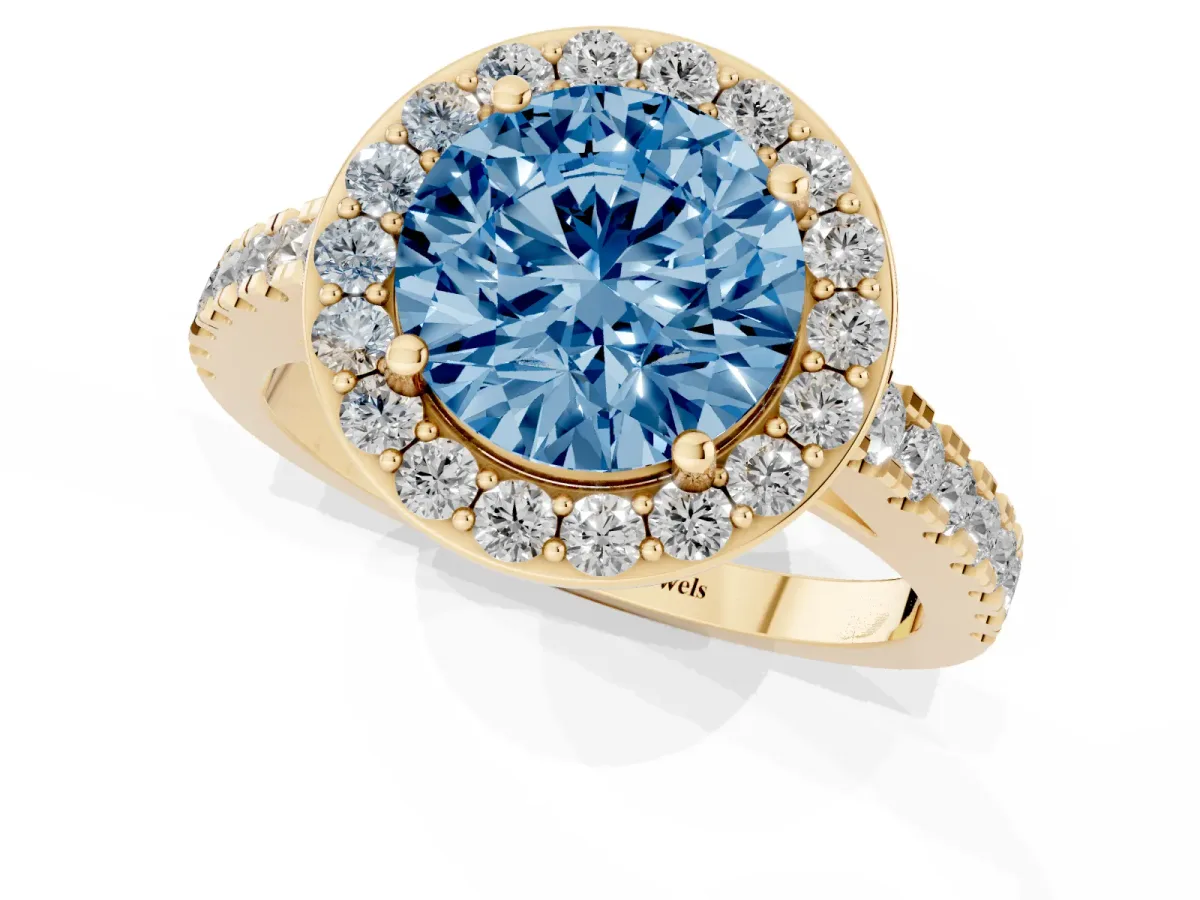Fancy Blue Round Cut Diamond Halo Ring with Round Pavé Split Shank and Prong Setting Yellow gold