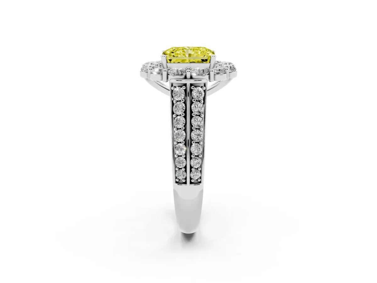 Fancy Yellow Radiant Cut Halo Diamond Engagement Ring with Split Shank and Prong Setting Silver