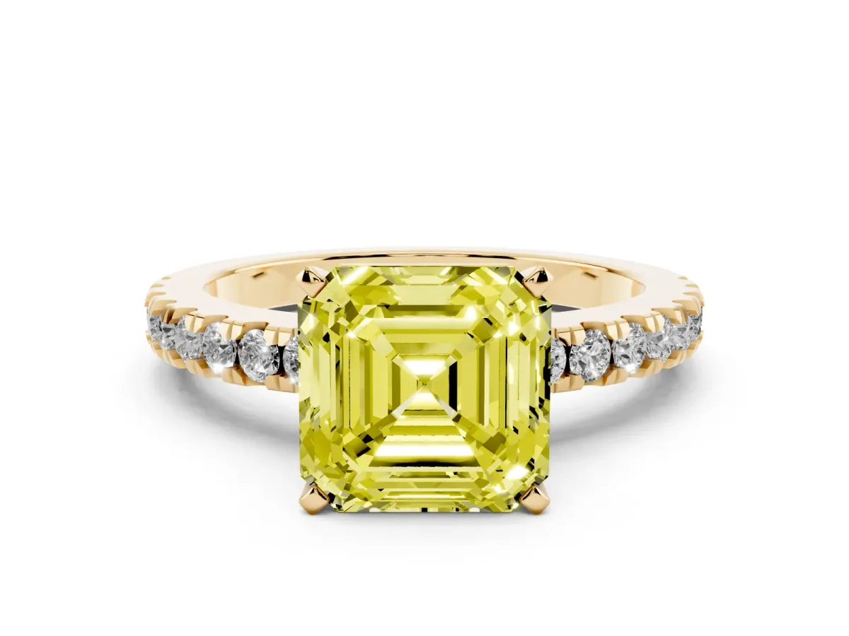 Fancy Yellow Asscher Cut Solitaire Diamond with Pavé Band and Four-Prong Setting Yellow gold