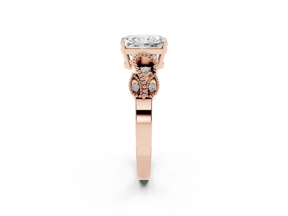 Radiant Cut Solitaire Milgrain Leaf Band with Prong Setting Rose gold