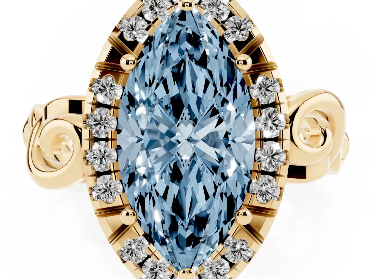 Fancy Blue Marquise Cut Cut Halo Diamond Ring with Scrollwork Band and Four-Prong Setting Yellow gold