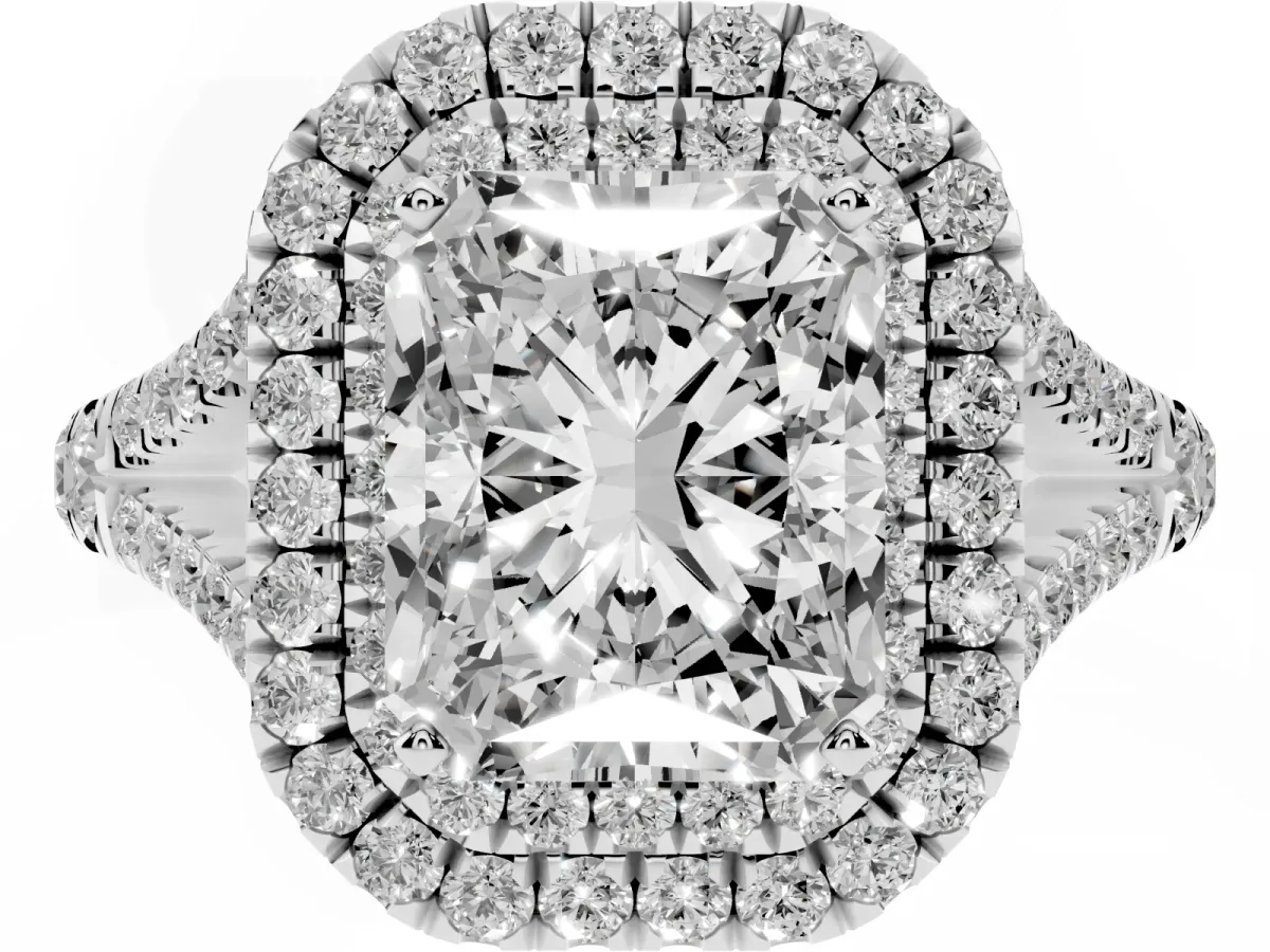 Radiant Cut Diamond Double Halo Ring with Split Shank and Prong Setting Platinum