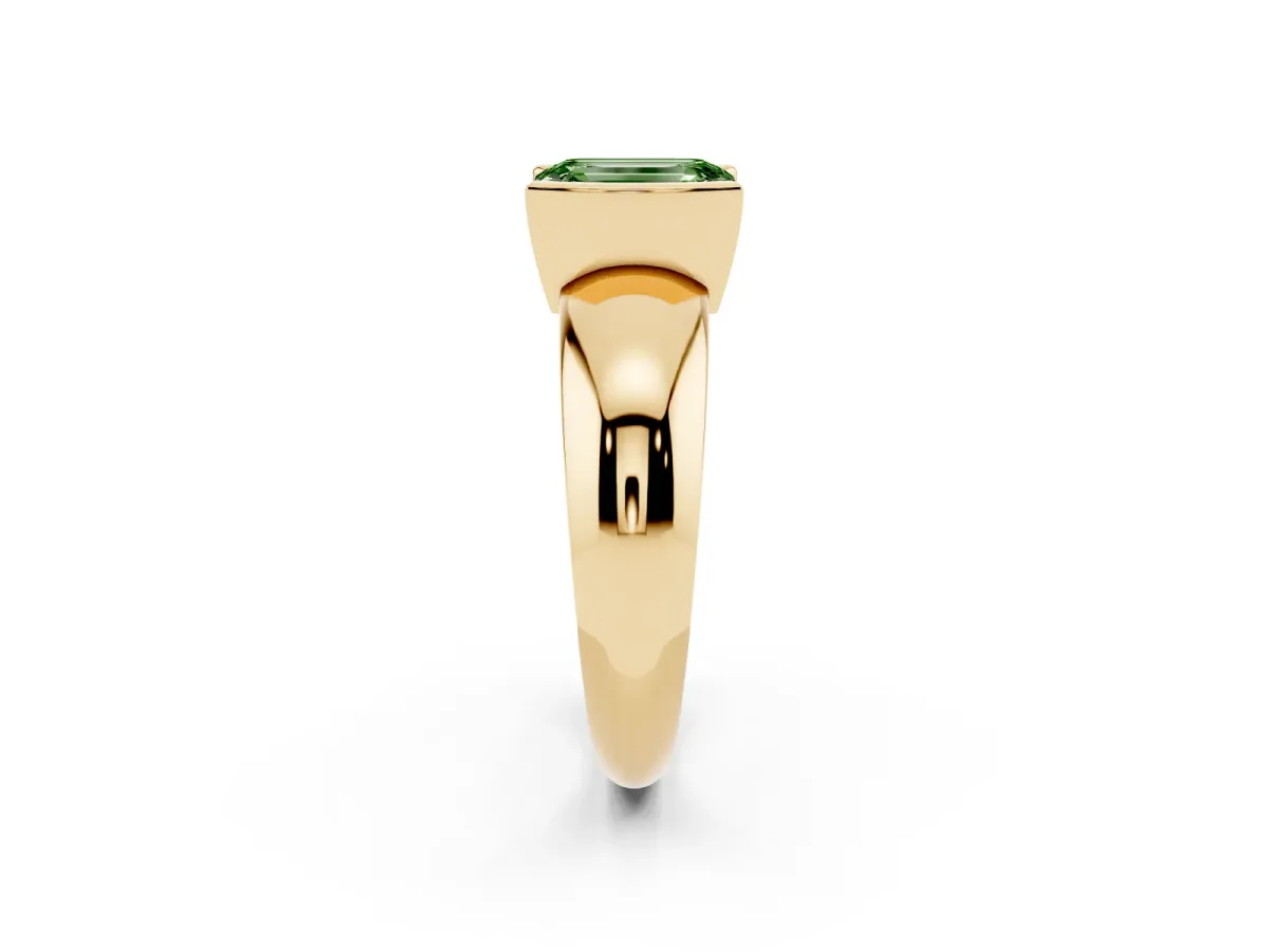 Fancy Green Emerald Cut Solitaire Tension Set Diamond Ring with Wide Band Yellow gold