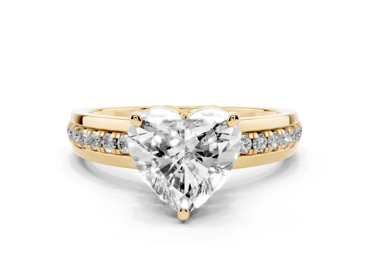 Heart Cut Solitaire Diamond Ring with Channel Set Band and Six-Prong Setting Yellow gold