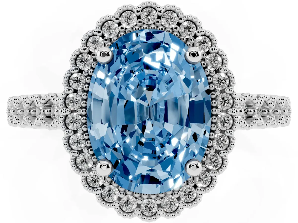 Fancy Blue Oval Cut Cut Halo Pavé Solitaire Ring with Milgrain Band Silver