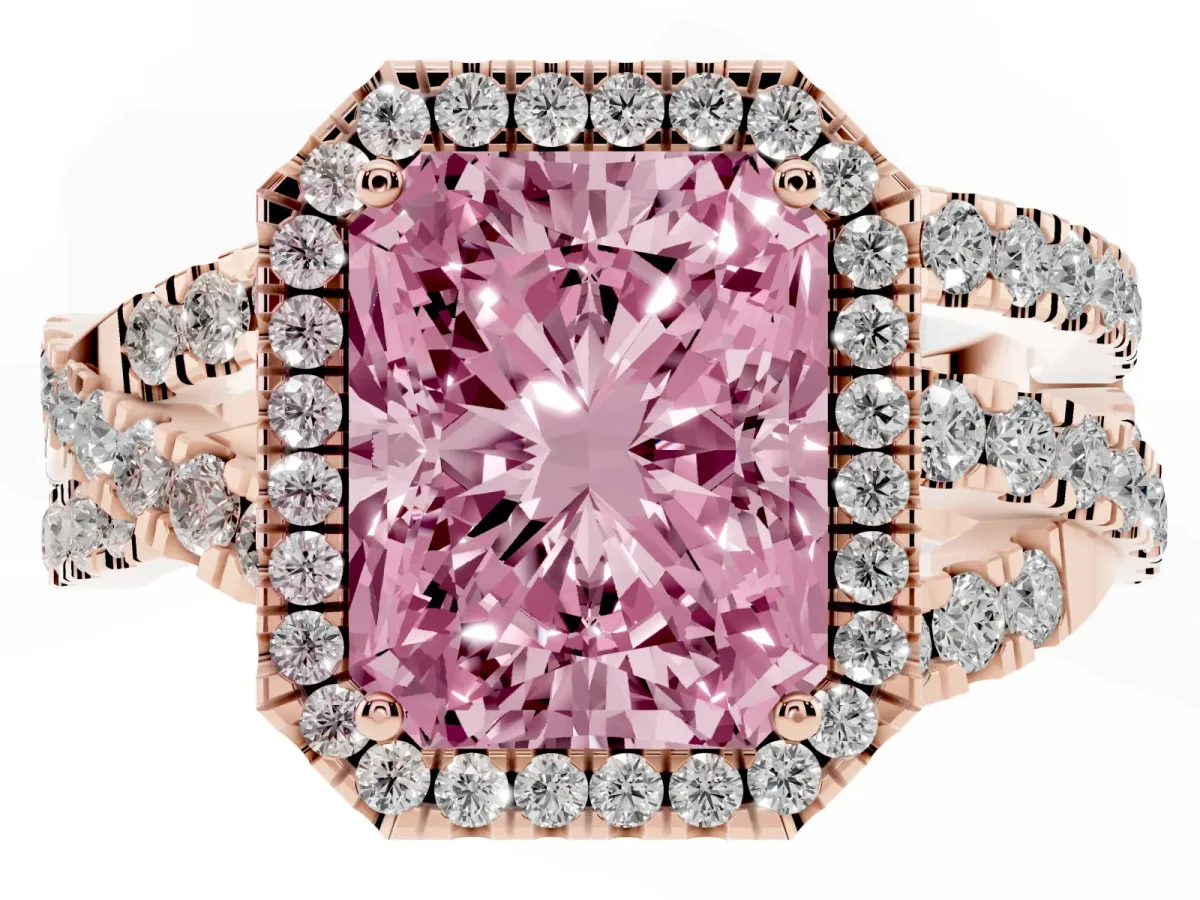 Fancy Pink Radiant Cut Diamond Halo Ring with Round Split Shank and Prong Setting Rose gold