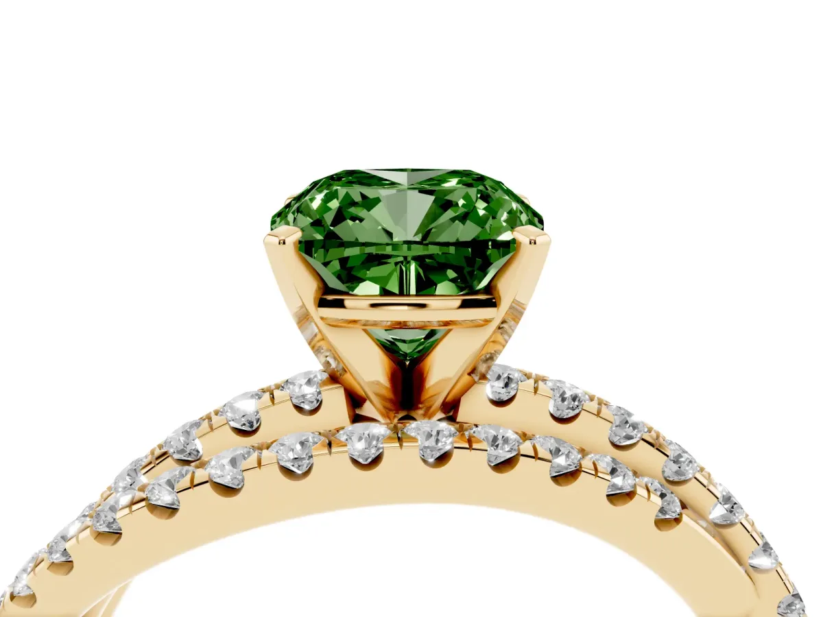Fancy Green Cushion Cut Solitaire Twist Band with Pavé Setting and Four-Prong Setting Yellow gold