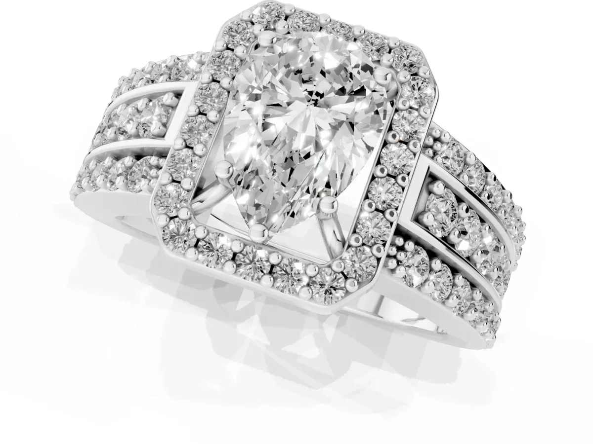 Pear Cut Halo Diamond Ring with Round Split Shank and Prong Setting White gold