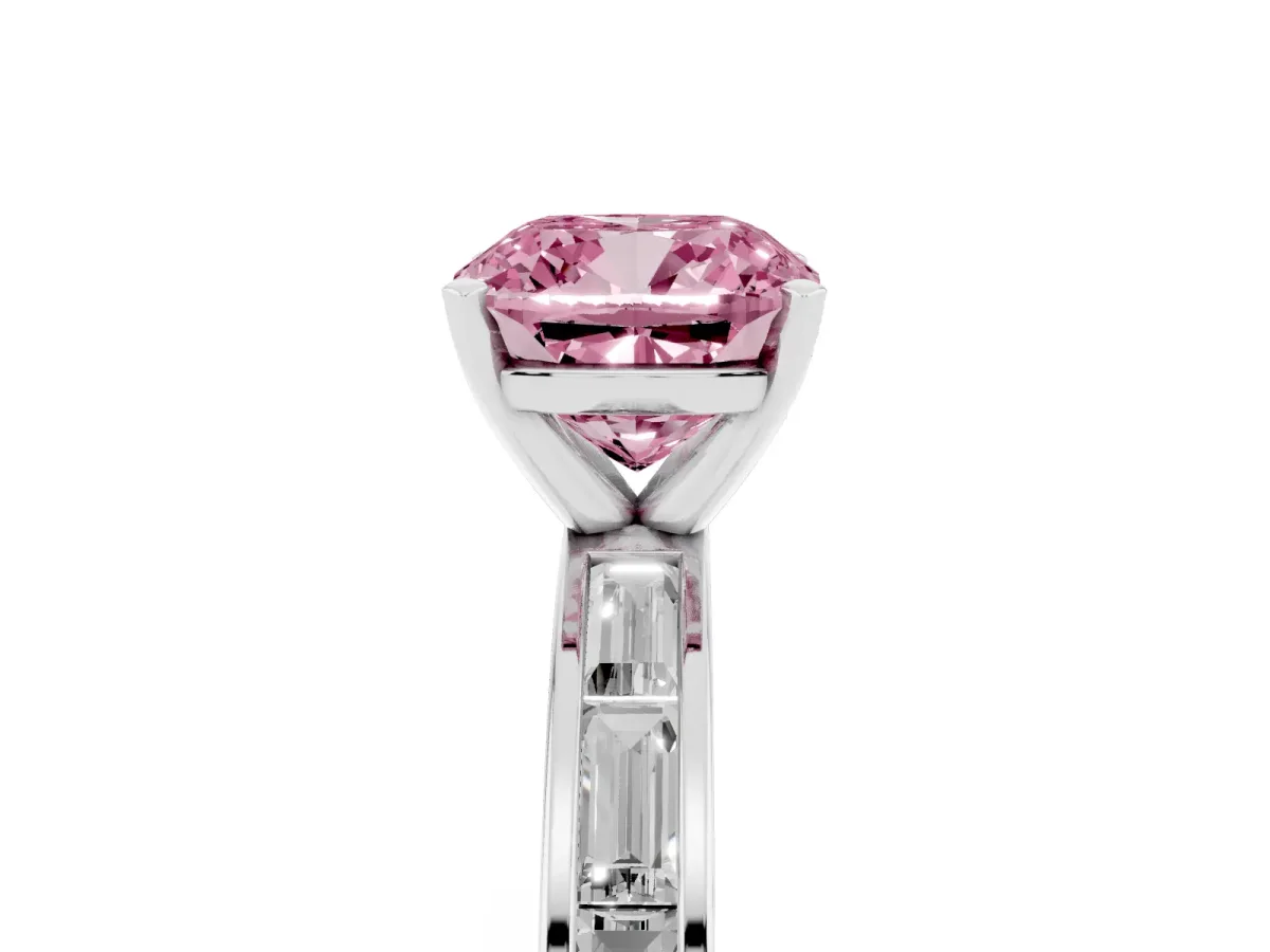 Fancy Pink Cushion Cut Solitaire Diamond Ring with Channel-Set Baguette Band and Four-Prong Setting White gold