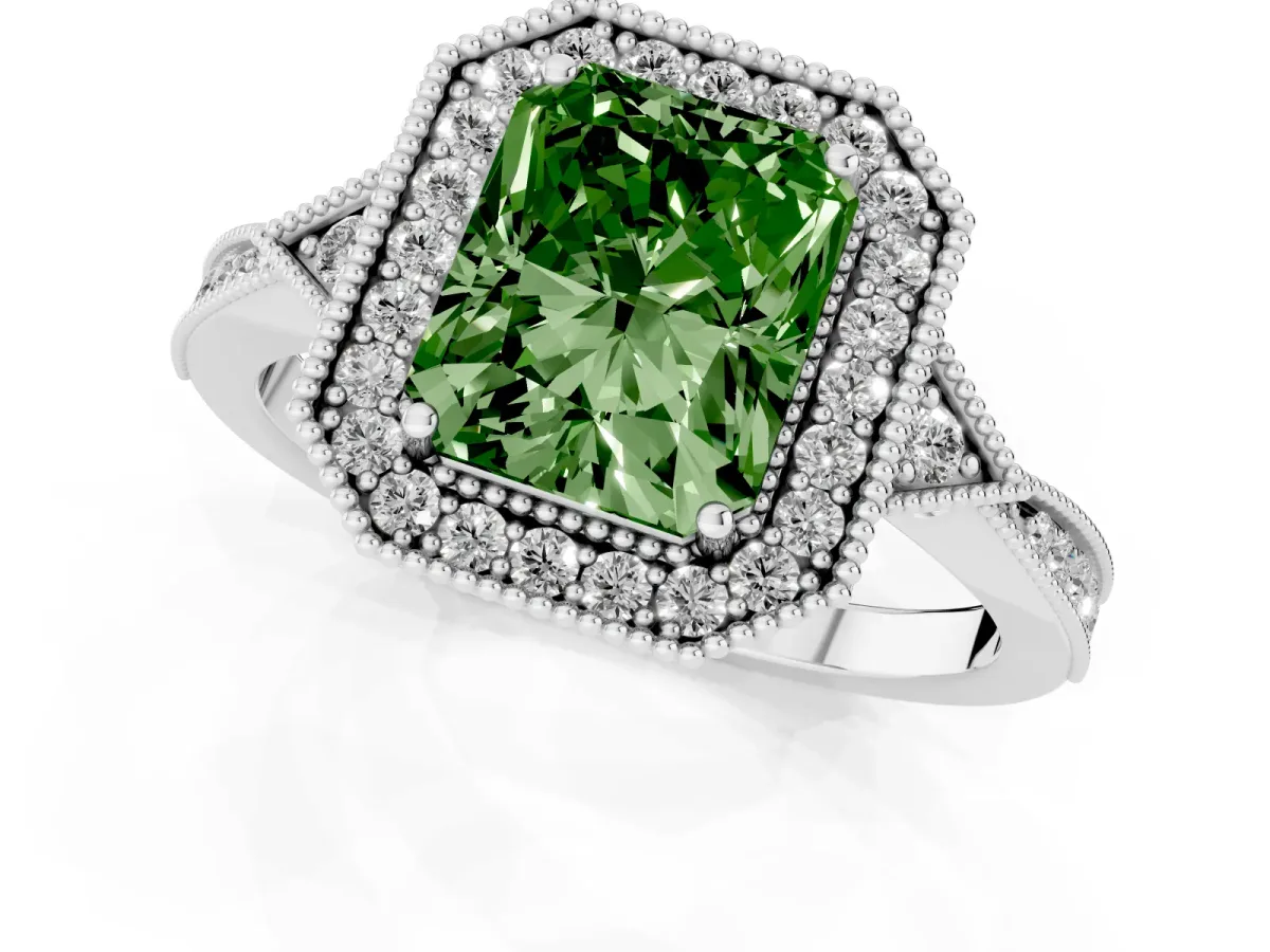 Fancy Green Radiant Cut Halo Round Diamond Milgrain Pave Engagement Ring Platinum