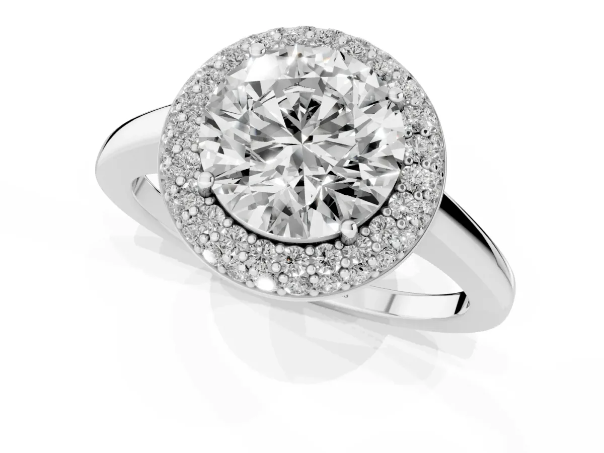 Round Cut Halo Diamond Engagement Ring with Solitaire Band and Four-Prong Setting Platinum