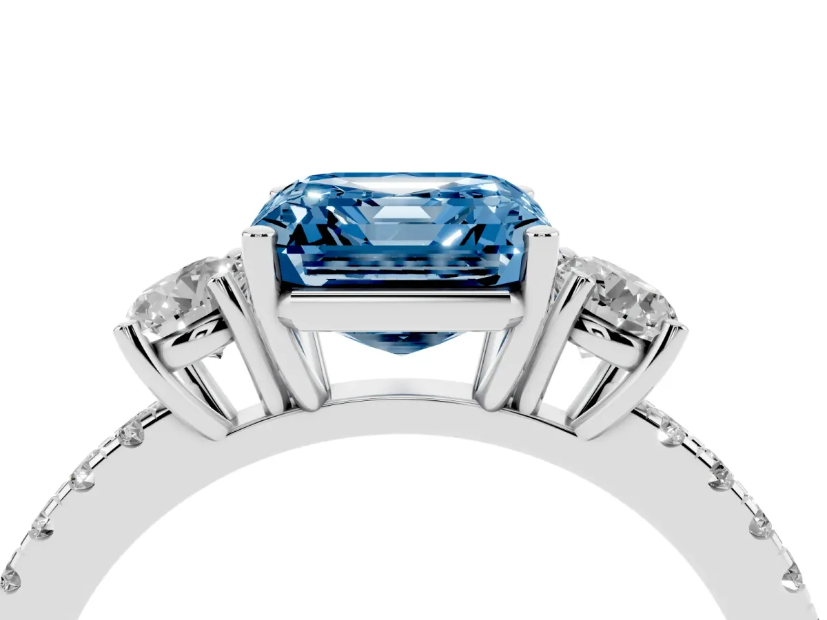 Fancy Blue Three-Stone Asscher Cut Cut Diamond Pavé Band with Prong Setting Silver