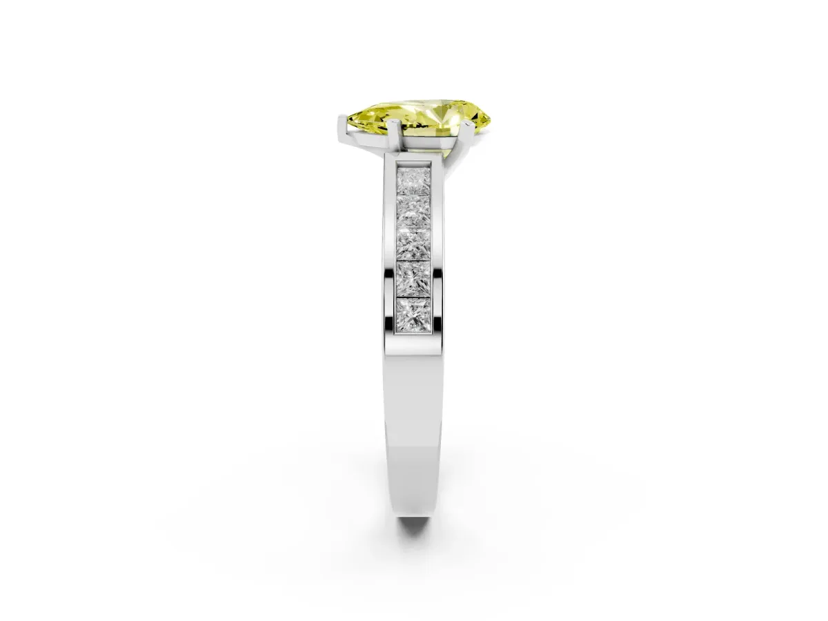 Fancy Yellow Pear Cut Solitaire Diamond Ring with Channel-Set Band and Four-Prong Setting Silver