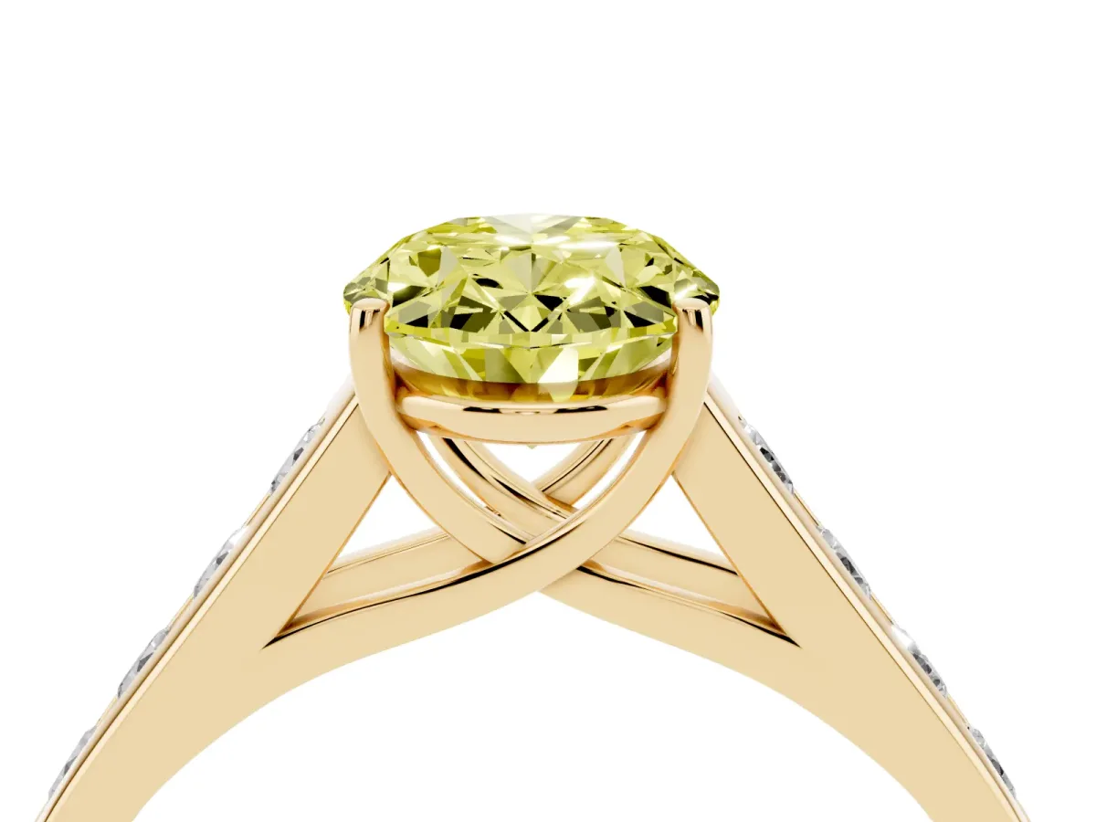 Fancy Yellow Oval Cut Brilliant Channel-Set Solitaire Ring with Four-Prong Setting Yellow gold