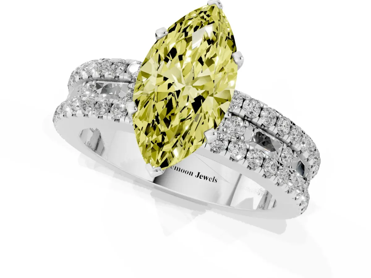 Fancy Yellow Marquise Cut Diamond Solitaire Ring with Pavé and Channel Set Band Platinum