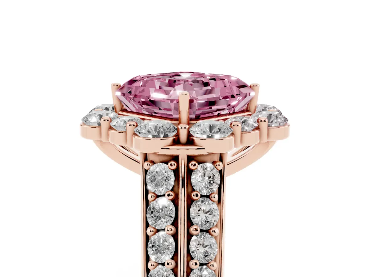 Fancy Pink Asscher Cut Halo Diamond Engagement Ring with Split Shank and Prong Setting Rose gold