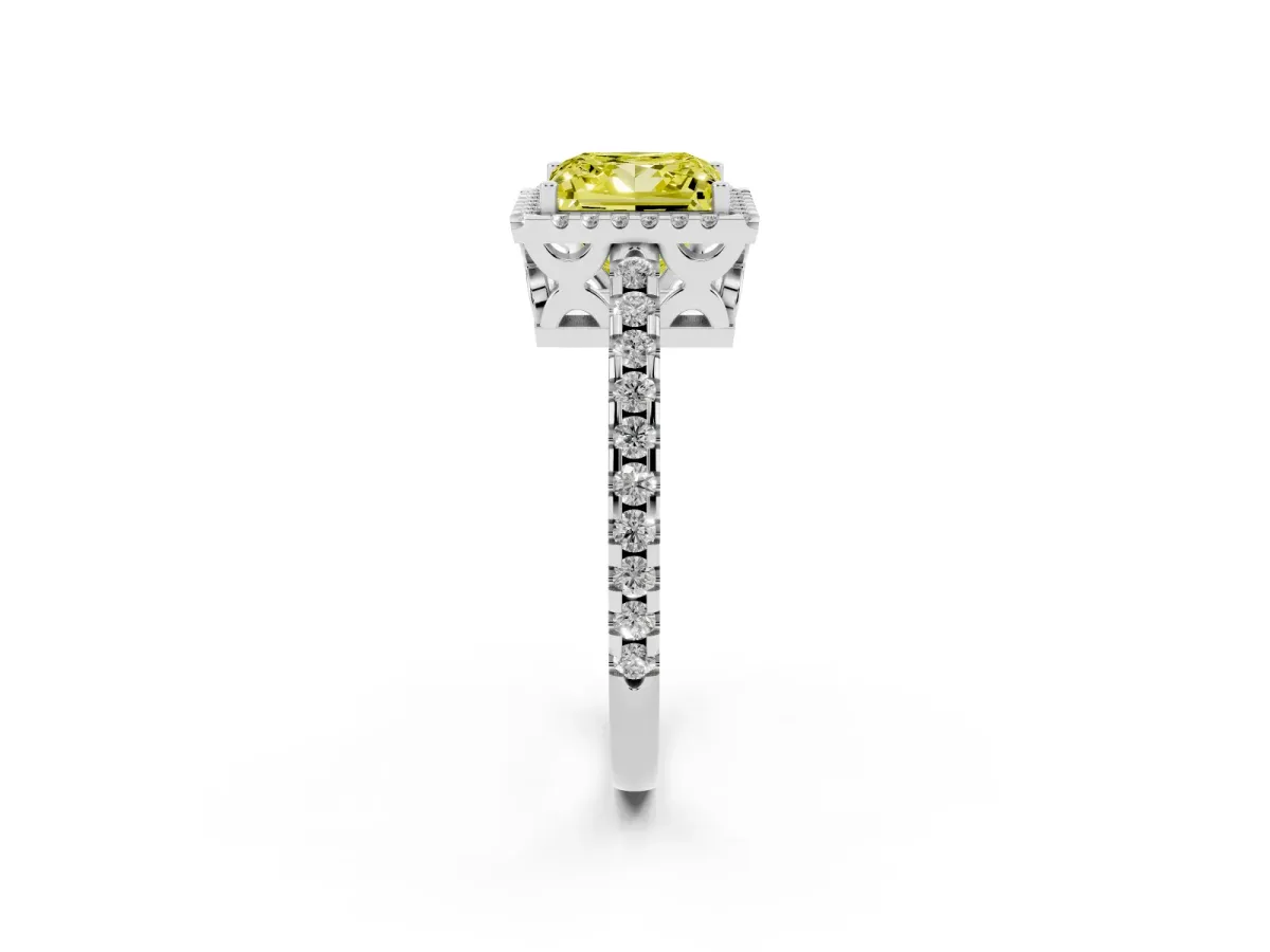 Fancy Yellow Princess Cut Diamond Halo Engagement Ring with Pavé Band and Prong Setting Silver