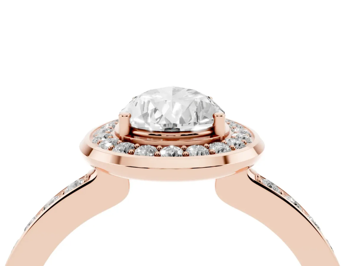 Pear Cut Diamond Halo Ring with Bezel Frame and Pavé Band Rose gold
