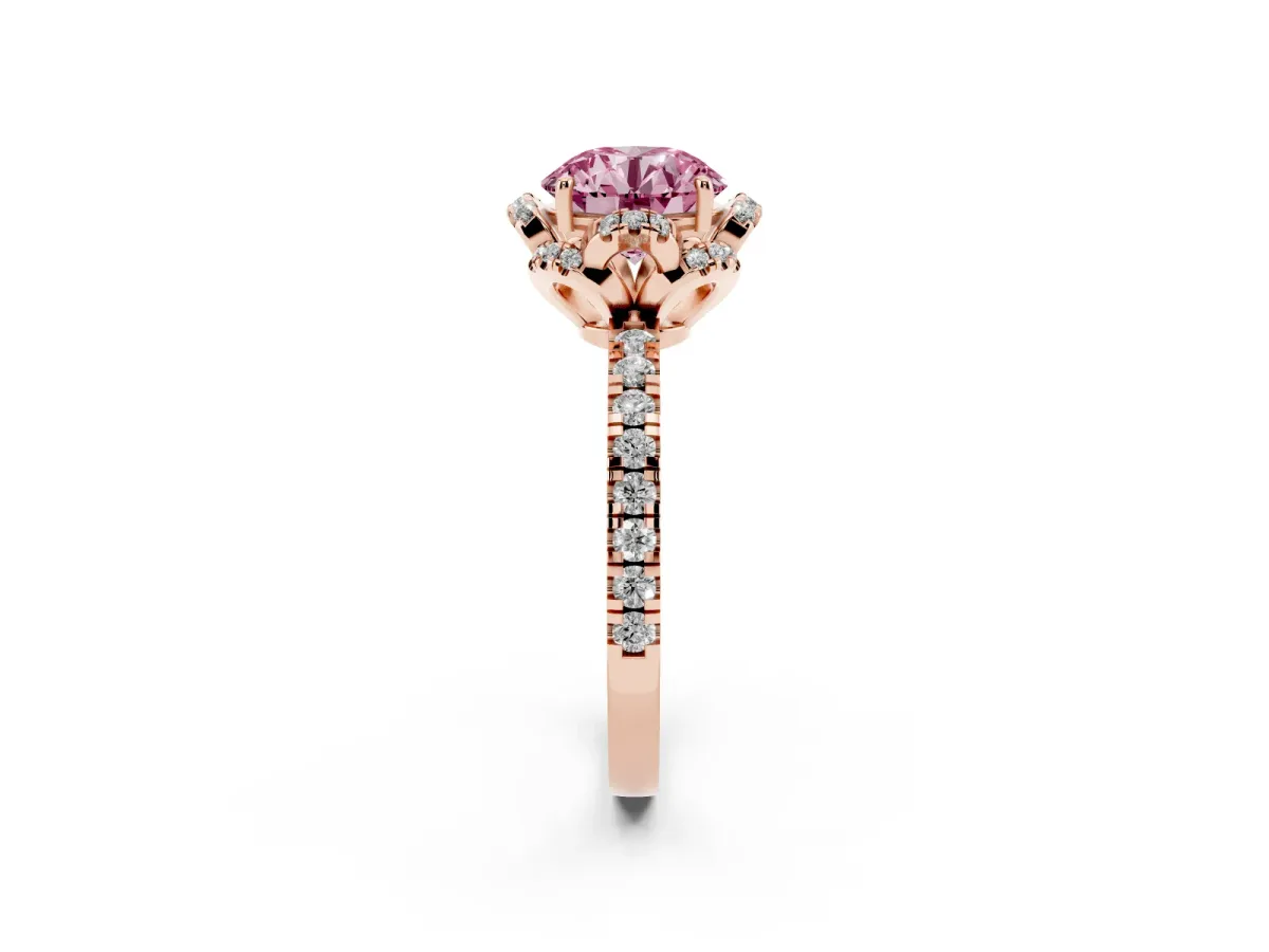 Fancy Pink Round Cut Diamond Halo Pave Band with Four-Prong Setting Rose gold