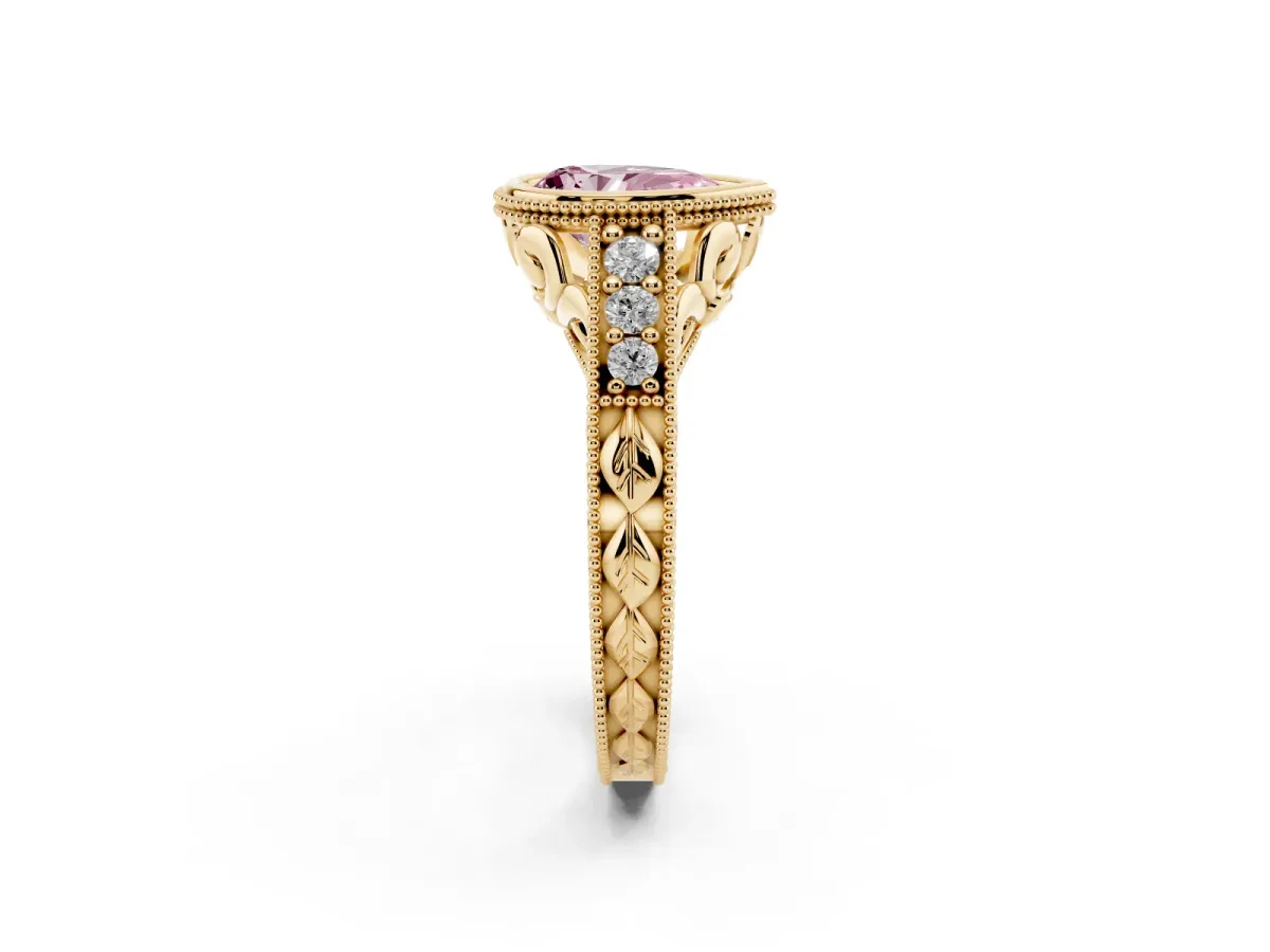 Fancy Pink Bezel Set Pear Cut Diamond Milgrain Pave Engagement Ring Yellow gold