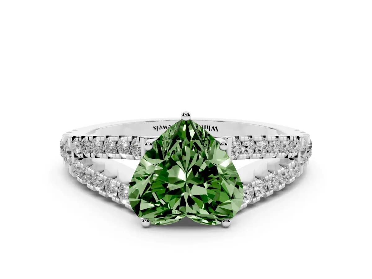 Fancy Green Heart Cut Diamond Split Shank Engagement Ring with Round Pavé and Prong Setting Silver