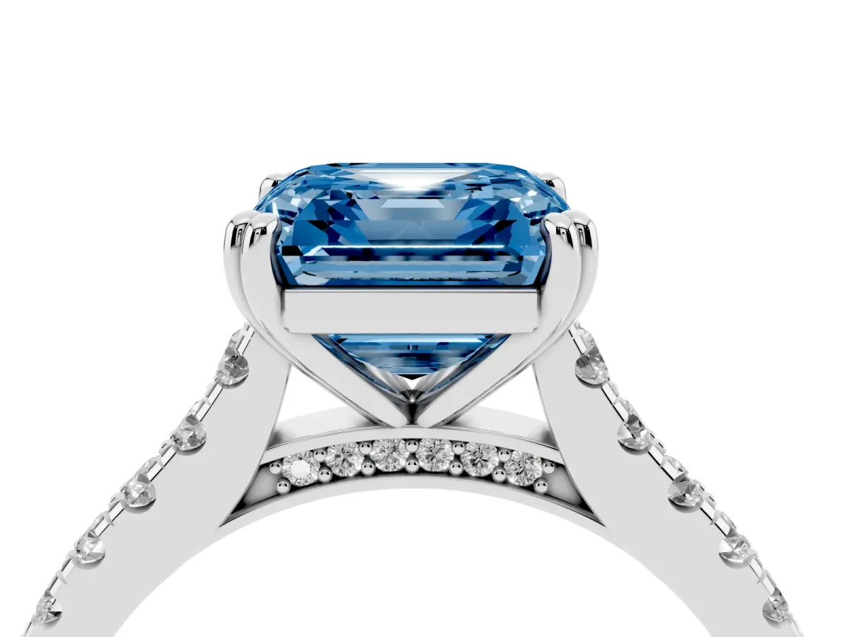 Fancy Blue Asscher Cut Solitaire Pave Diamond Engagement Ring with Prong Setting Silver