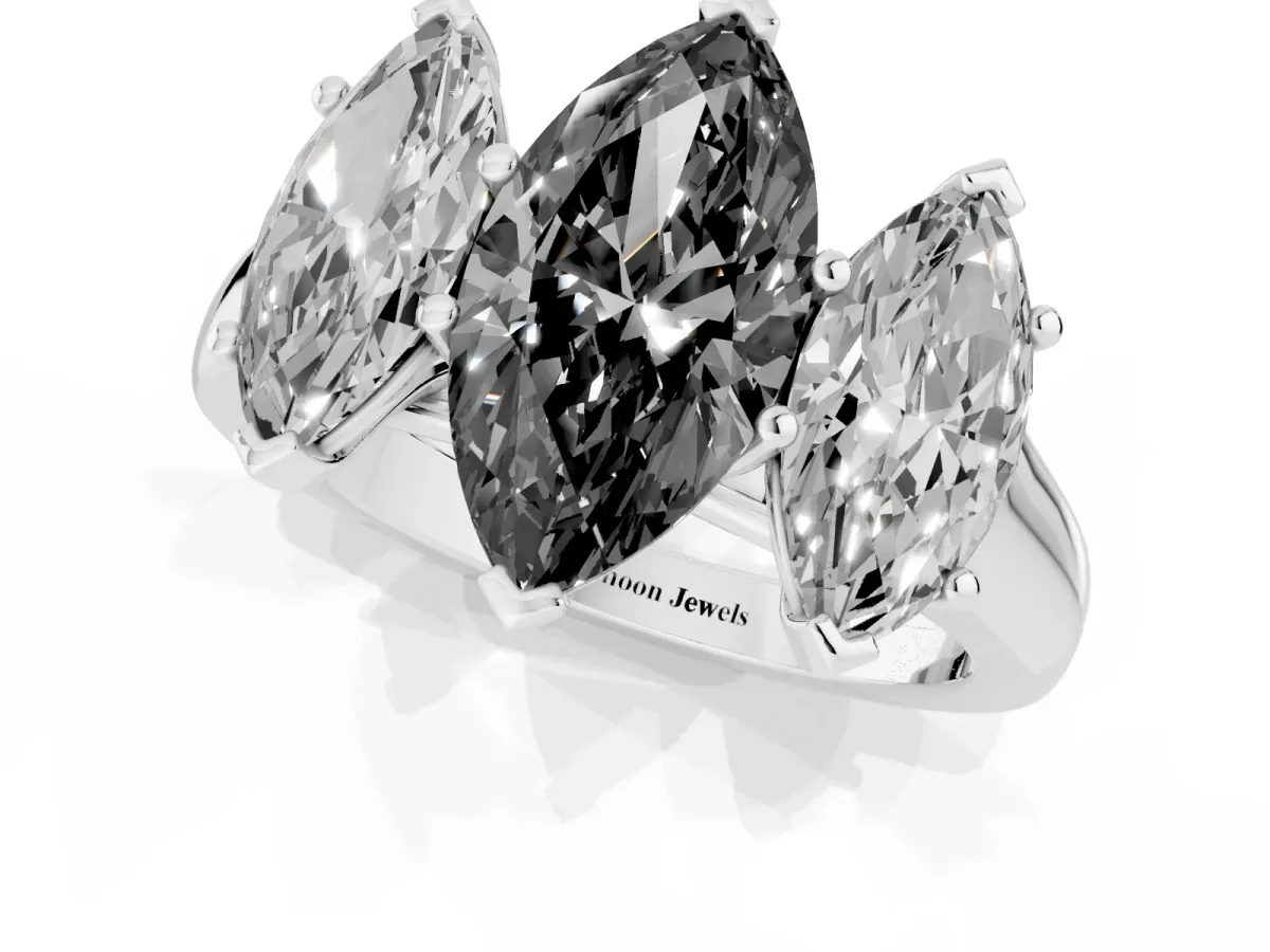 Fancy Black Marquise Cut Three-Stone Diamond Ring with Prong Setting on a Classic Band Platinum