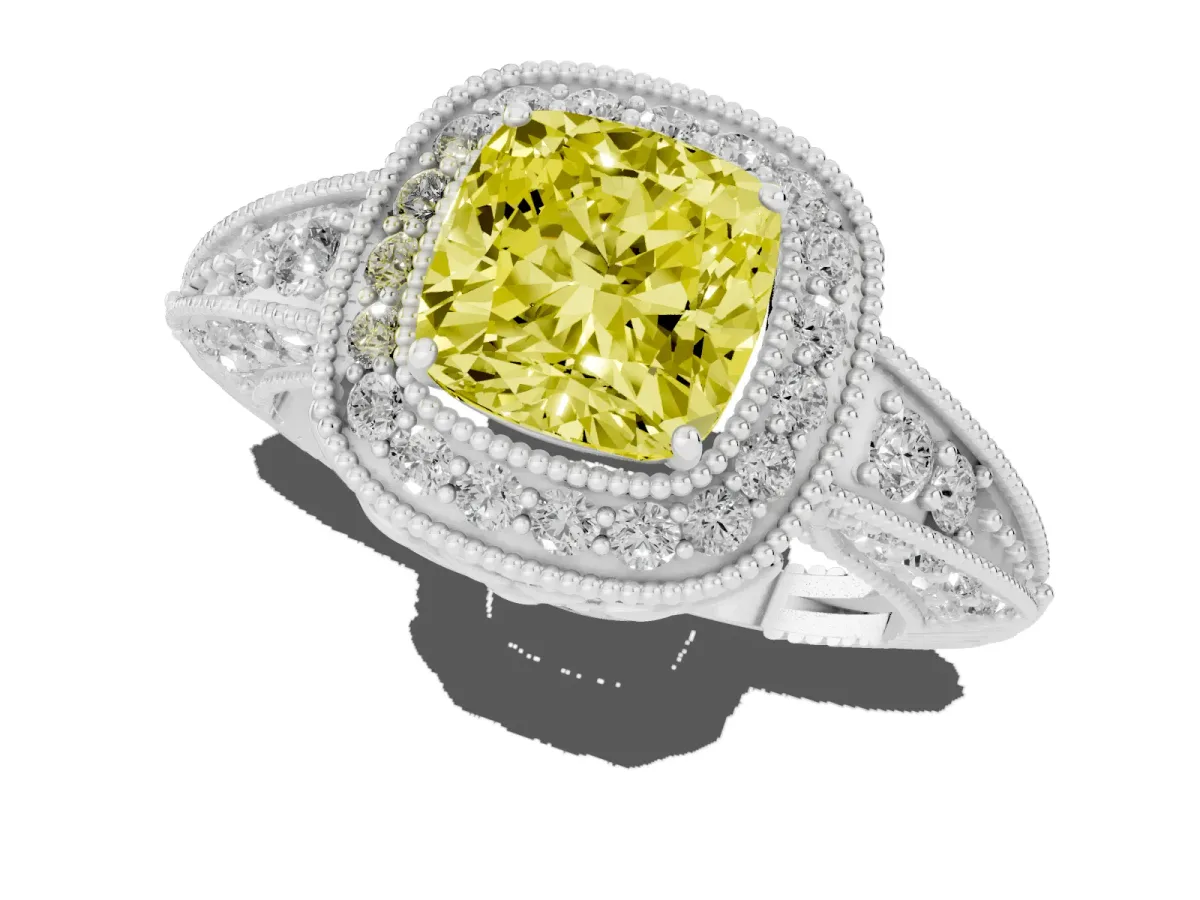 Fancy Yellow Cushion Cut Halo Diamond Split Shank Ring with Milgrain Detail Platinum